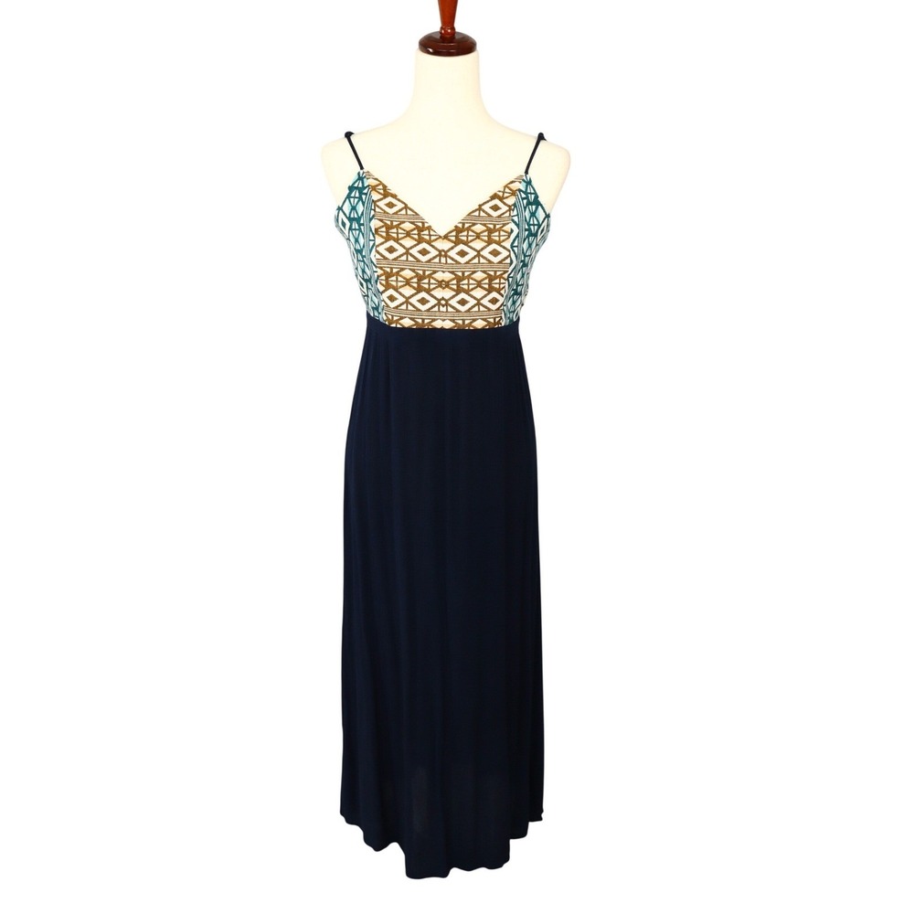 Flying Tomato Aztec Geometric Maxi Dress L Navy Strappy‎ Open Back Boho Festival